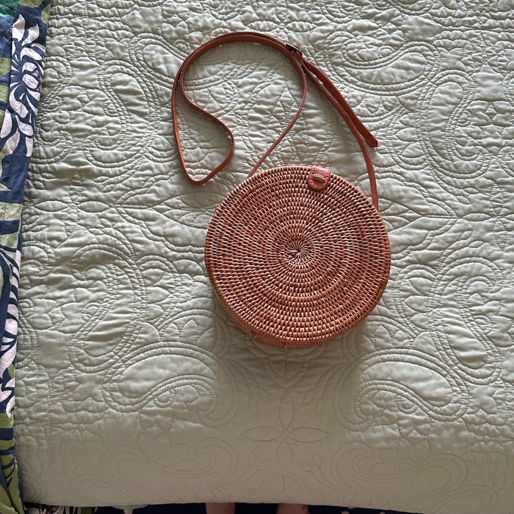 Round Rattan Tan Woven Crossbody Bag